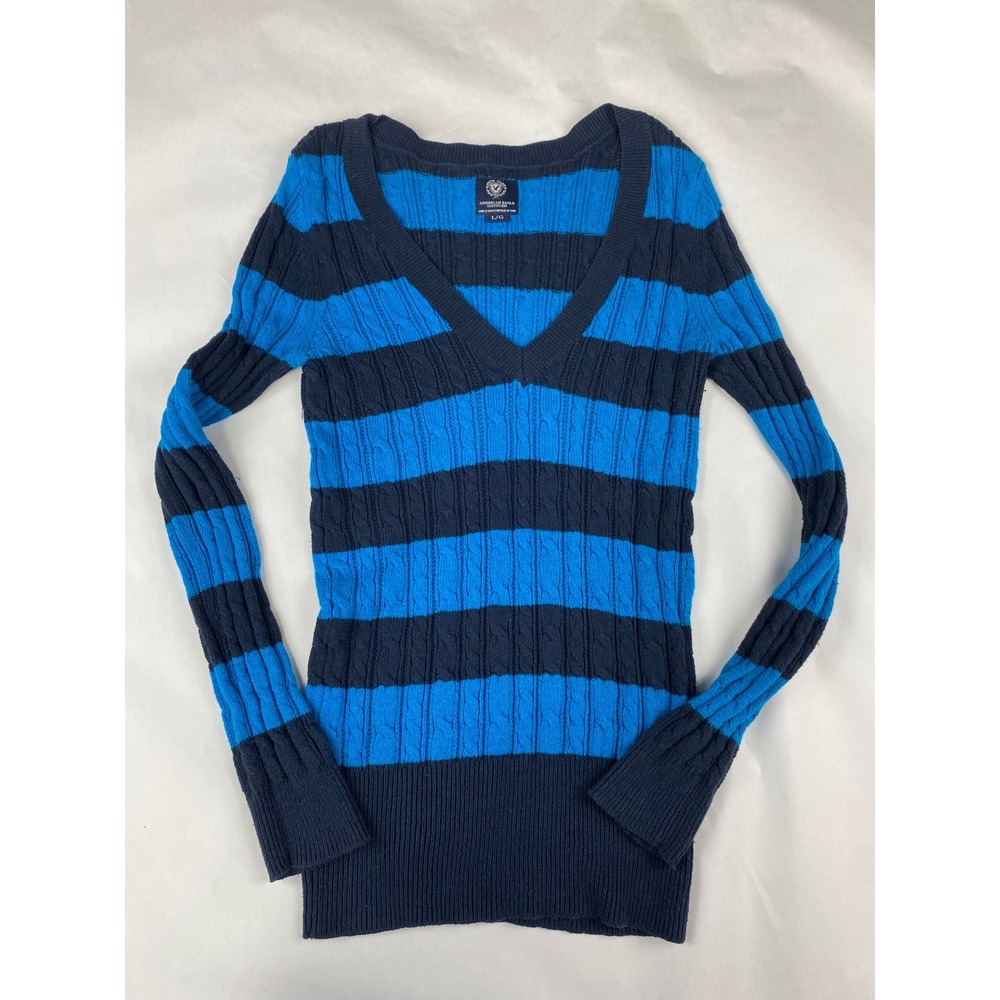 American Eagle Sweater Women's Size Large Blue V-Neck Cable Y2K Bella Swan